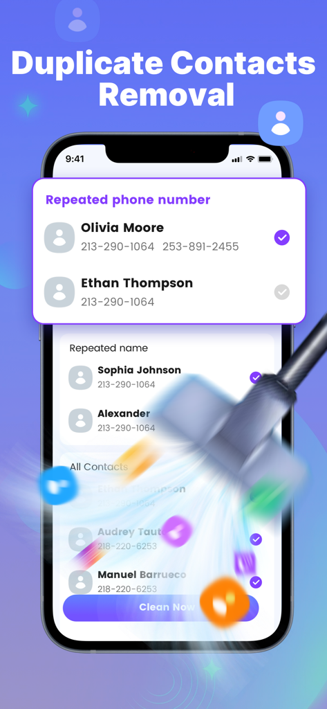 Clean UP-AI Storage Cleaner - Función de eliminación de contactos duplicados en la aplicación Clean UP que muestra listas de números de teléfono y nombres repetidos con una animación de limpieza.