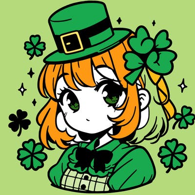 a manga-style girl with clovers around her, a little hat in her hair, like it's saint patrick's day