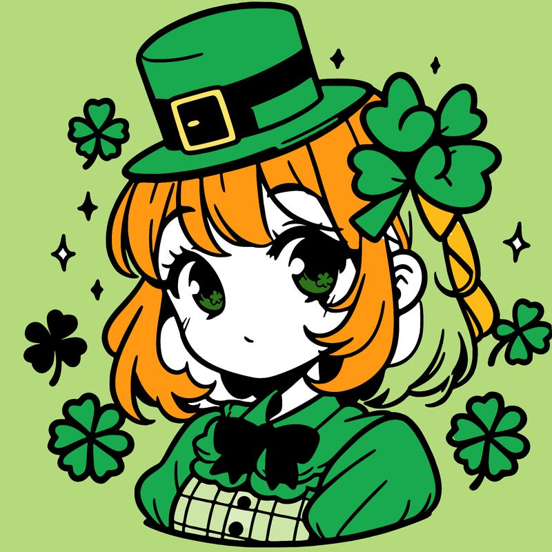 a manga-style girl with clovers around her, a little hat in her hair, like it's saint patrick's day