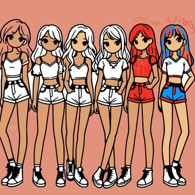 a group of girls wearing crop tops and shorts
