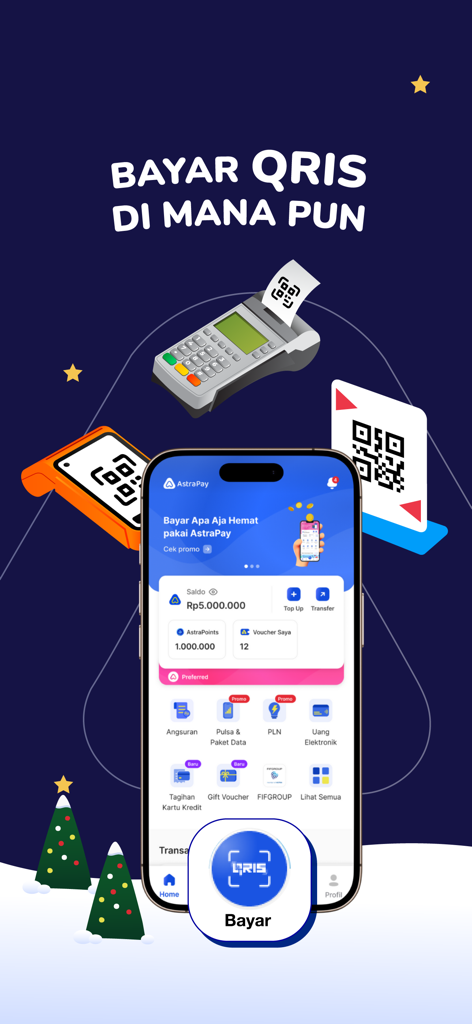 ASTRAPAY - AstraPay mobile app dashboard featuring QRIS payment options and financial services like bill payments and installments.
