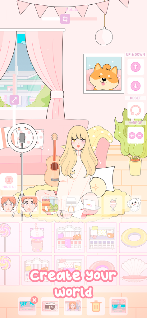 Shining Star : Idol Dress Up - Shining Star Idol Dress Upのキャラクターカスタマイズ画面。パステルピンクの部屋と家具のオプションが表示されています。