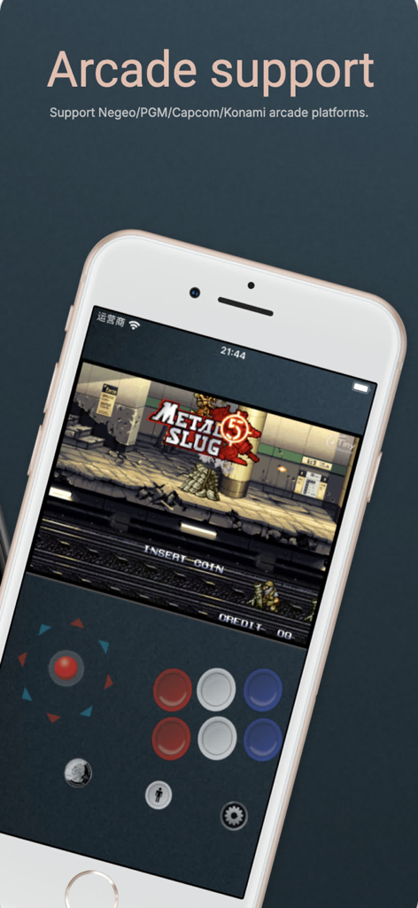 TinyEmulator - TinyEmulator arcade support featuring Metal Slug 5 on an iPhone screen