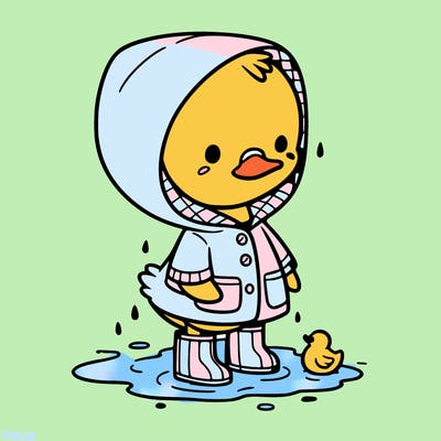 baby duck in a rain coat and boots, in a puddle while it’s raining