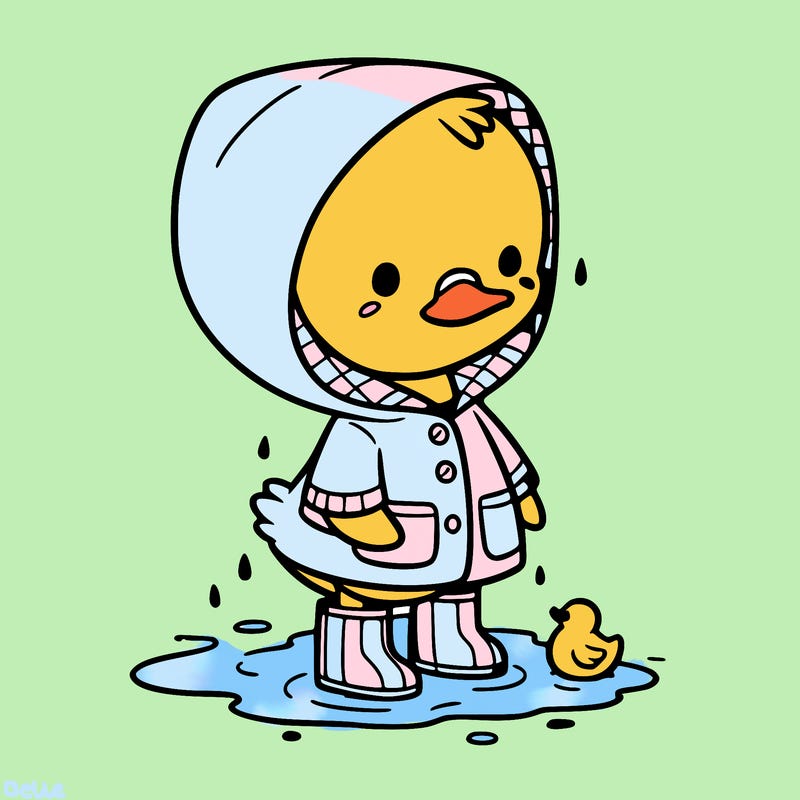 baby duck in a rain coat and boots, in a puddle while it’s raining