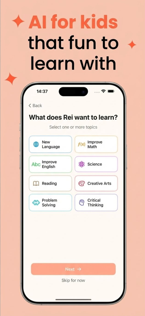 Mobile app interface of Askie AI for kids showing subject selection buttons like Science Math Reading and Languages