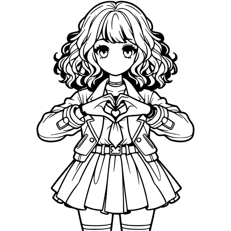 realistic girl with curly hair wearing jacket with short anime skirt doing heart with hands 🫶