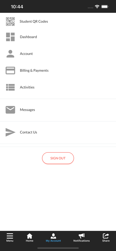 DMSS Swimming - Das Mein Konto Dashboard in der DMSS Swimming App zeigt Menüoptionen für Schüler-QR-Codes, Abrechnungsaktivitäten und Nachrichten