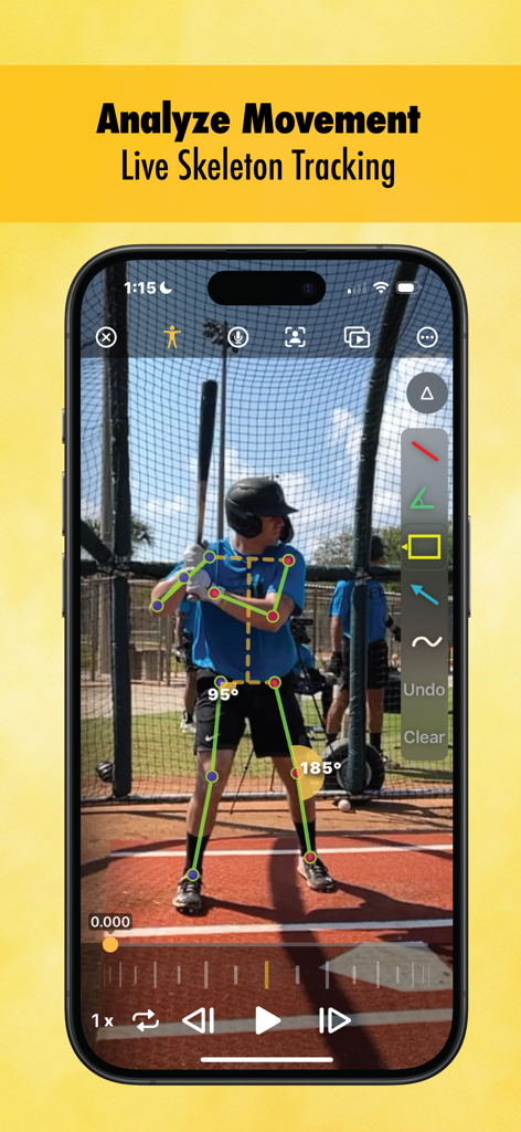 Onform: Video Analysis App - Onform app screen showing live skeleton tracking and movement analysis of a baseball player