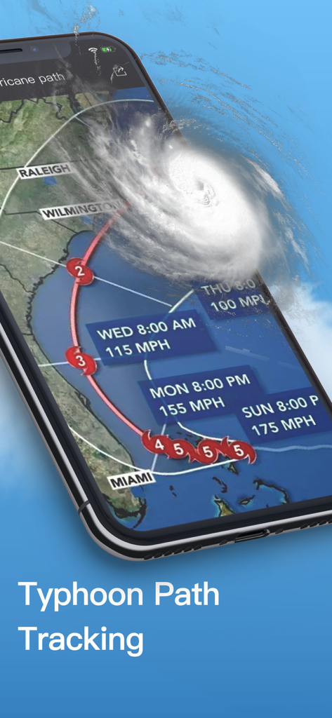 Weather- NOAA Weather Radar - Pantalla de iPhone mostrando un mapa de seguimiento de trayectoria de huracán con actualizaciones de velocidad del viento y ubicación