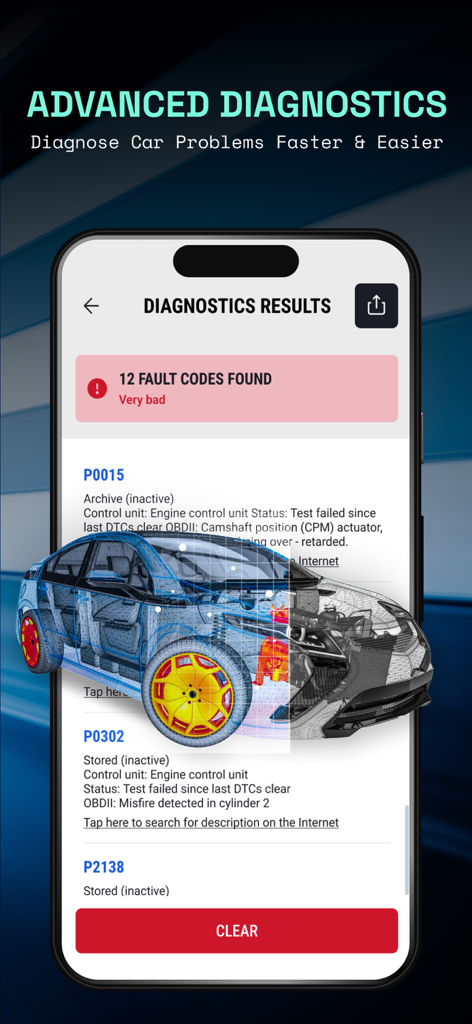 Smartphone screen showing car fault codes and advanced diagnostic results from an OBD2 scanner app.