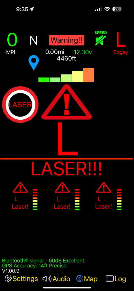 DS1 Companion - DS1 Companion app interface showing a high-resolution heads-up display with a prominent red laser alert and signal strength meters