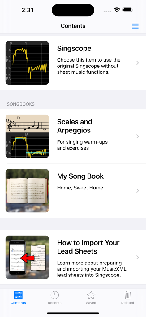Singscope app contents menu featuring songbooks scales and lead sheet import options