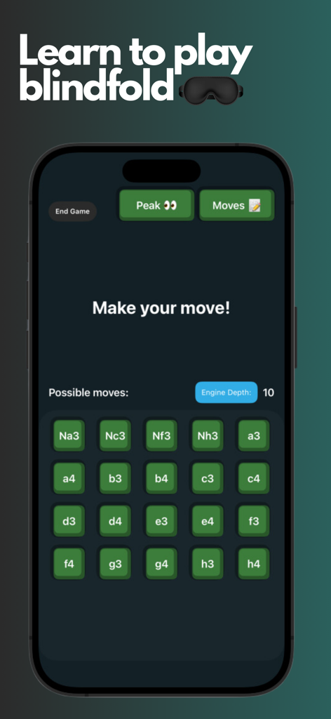 Blindfold Chess - Blindfold Chess app interface showing a grid of chess notation buttons for selecting moves without a visible board