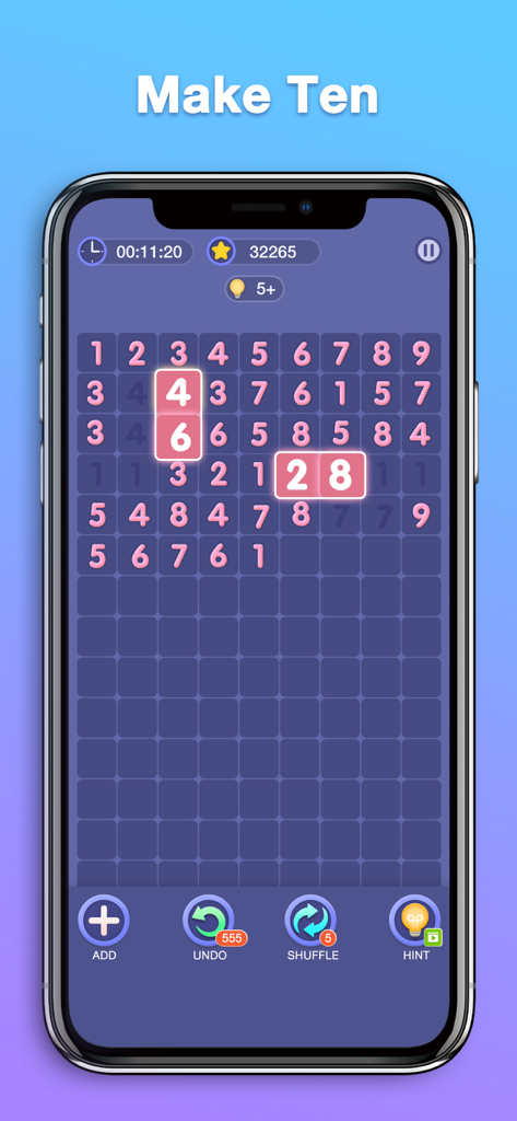 Match Ten - Number Puzzle - Gameplay screen of Match Ten number puzzle showing a grid of digits and matched pairs