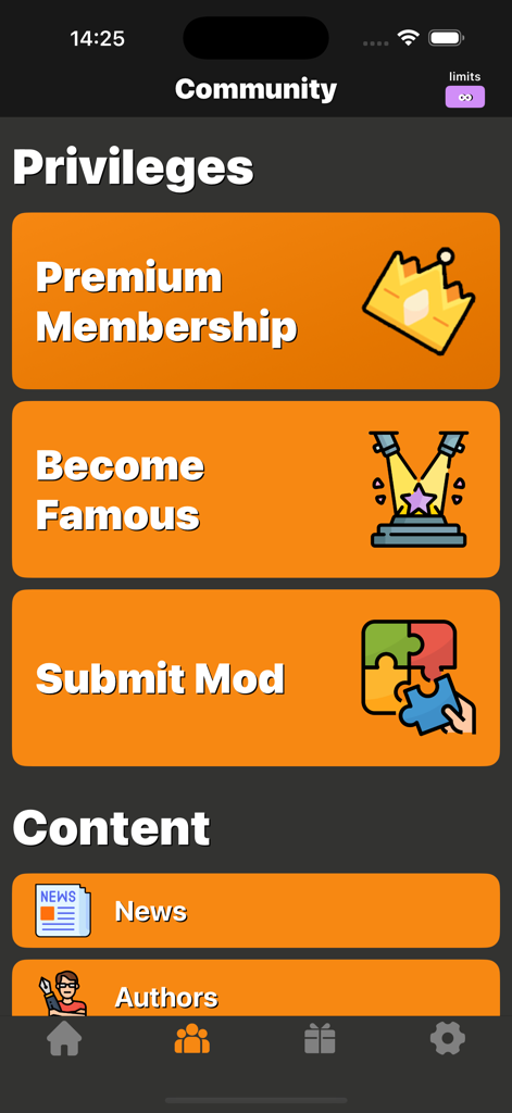 Fruit Mods for Fruit PG! - Community screen of Fruit Mods app featuring options for Premium Membership Become Famous and Submit Mod
