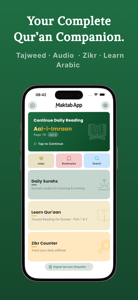 Maktabapp with 13 Line Quraan - Maktabappのモバイルインターフェース。日々の読書進捗、クルアーン学習ツール、ジクルカウンターを表示。