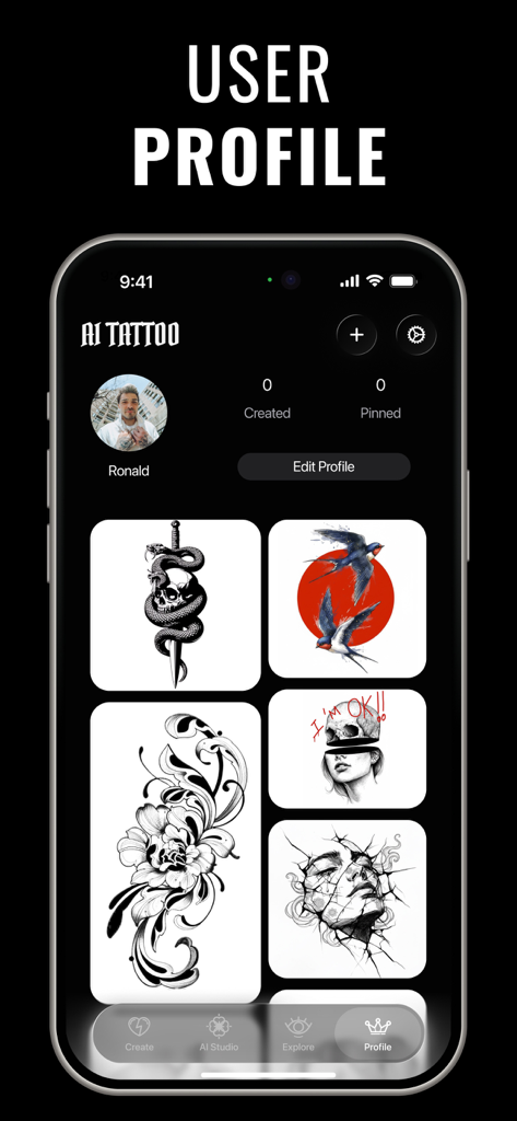 スカルや鳥などのさまざまな生成タトゥーデザインを表示するTattoo AI Design Generatorアプリのユーザープロフィールの画面。