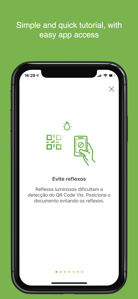 A tutorial screen in the Vio QR Seguro app showing how to avoid reflections when scanning official documents.