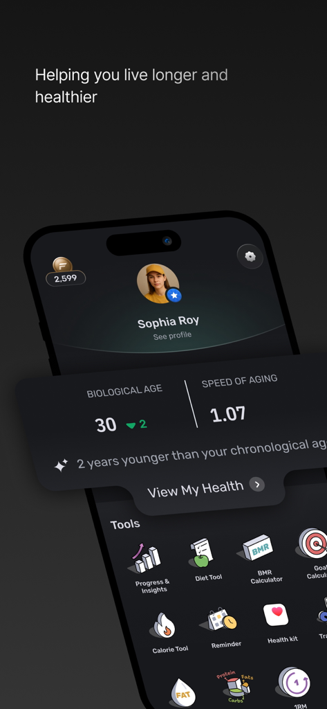 FITTR app screen displaying biological age data and health tracking tools