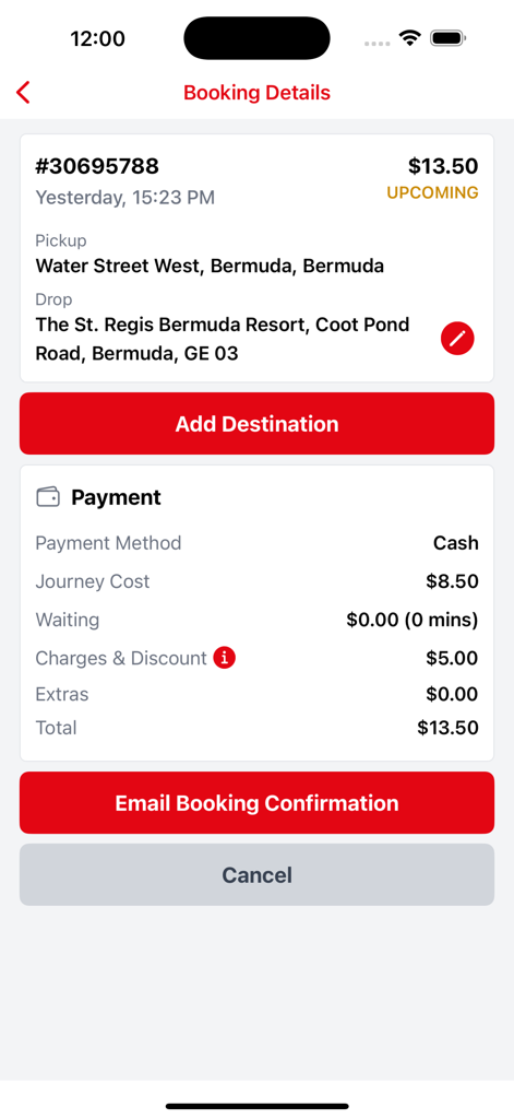 Ride.bm - Ride.bm app screen showing booking details for a taxi trip in Bermuda including pickup and drop-off locations and total price
