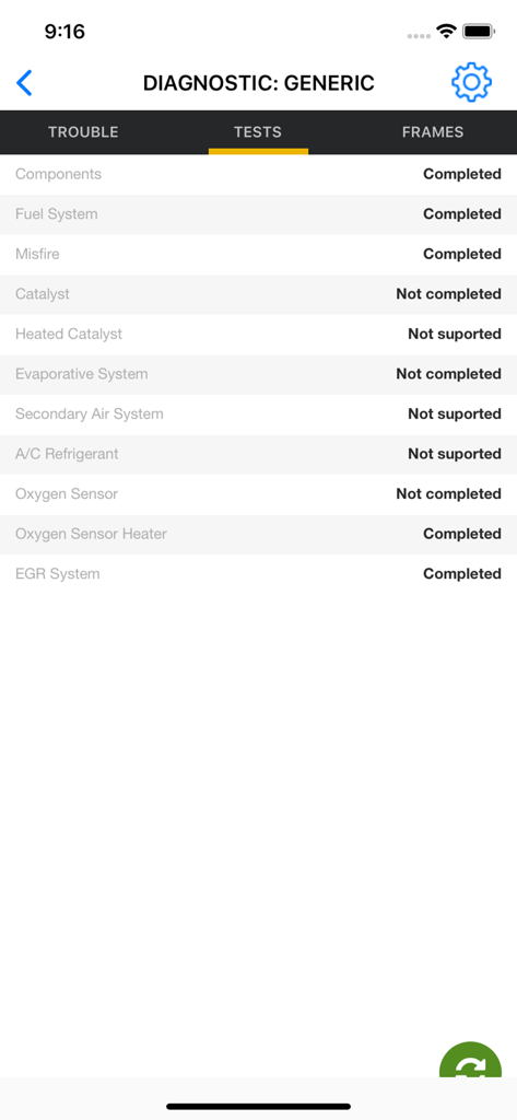 OBD JScan app interface displaying diagnostic test status for various vehicle components.