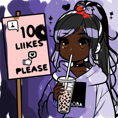 girl with a high ponytail and a hoodie drinking boba staring at a sign saying 10 likes please
