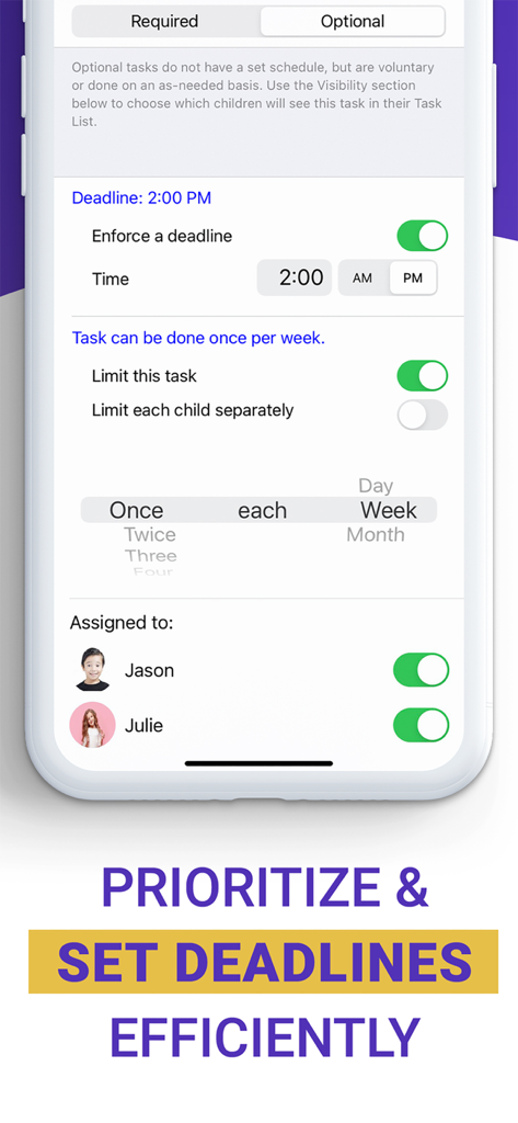 Mobile app interface showing chore deadline settings and task assignment for children.