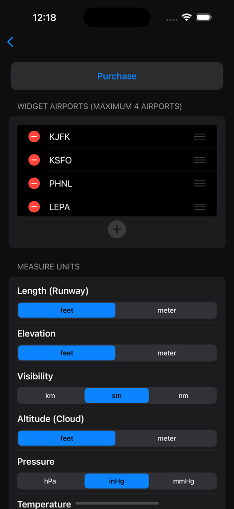 Settings screen of the Aviation Weather app showing airport widget configuration and customizable measurement units for runway length elevation visibility and pressure