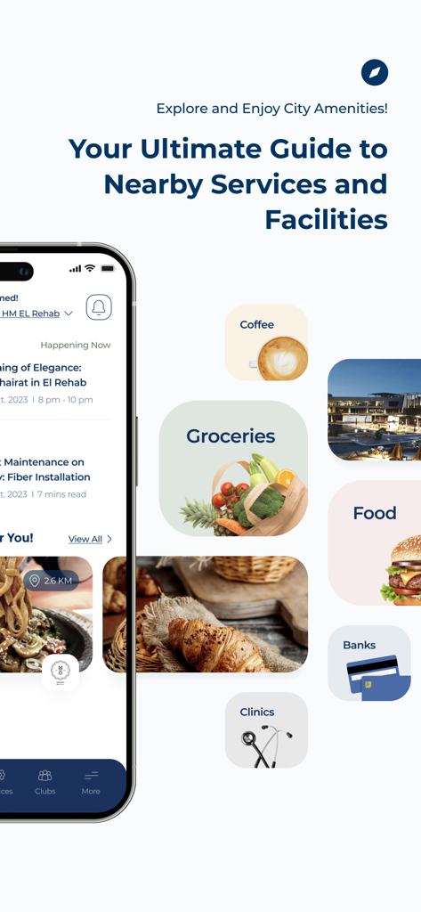 Captura de pantalla de la aplicación TMG Life que muestra una guía de servicios cercanos y comodidades de la ciudad como supermercados, comida y clínicas.
