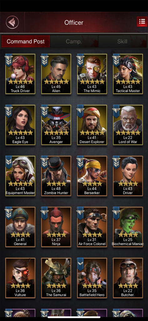 A menu showing a variety of unlockable officers with levels and star ratings in Last Empire War Z
