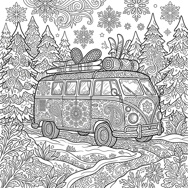 Hit the road this winter with our captivating adult coloring page featuring a beautifully decorated camper bus amidst a snowy landscape. Unwind and add your personal touch to intricate details of trees, snowflakes, and festive patterns.