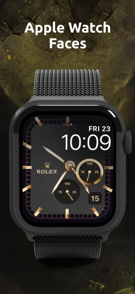 A luxury Rolex style watch face design for Apple Watch featuring a black mesh band and premium gold accents.