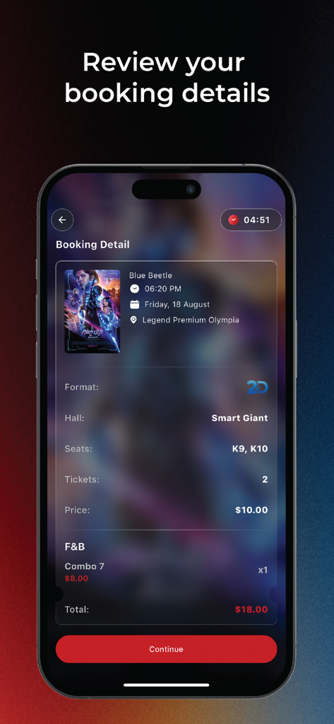 Legend Cinema - Legend Cinema app screen displaying a movie booking review for Blue Beetle with theater details and total price