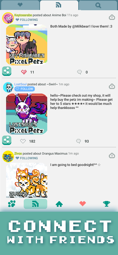 Un feed social dentro de la aplicación Pixel Petz que muestra publicaciones de la comunidad con diseños de mascotas de pixel art personalizados y un banner que dice "conéctate con amigos".