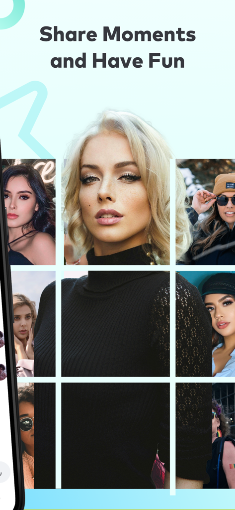 A grid of diverse young women portraits illustrating the share moments and have fun feature of BIGO LIVE.
