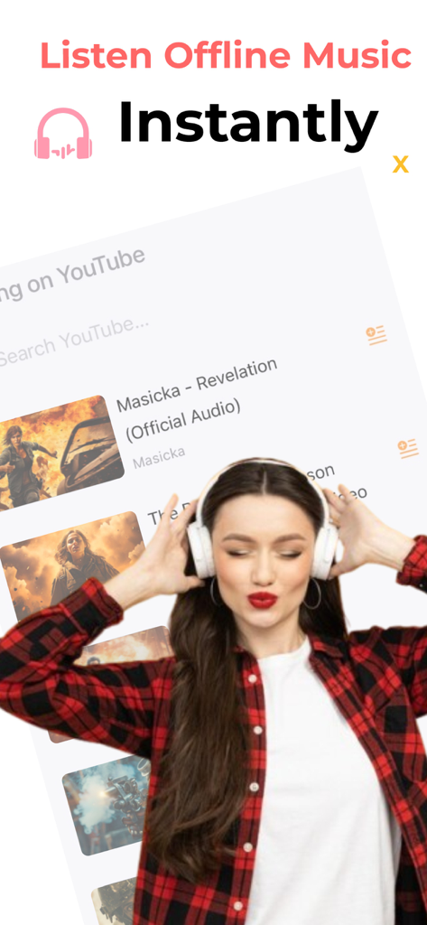 Una mujer con auriculares escuchando música sin conexión usando la app Tubidy Fm