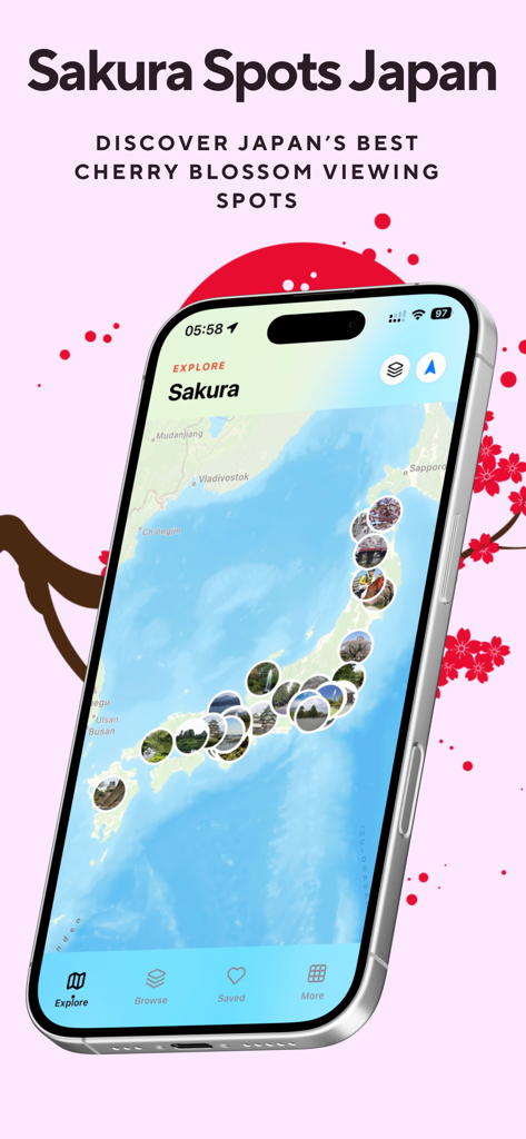Sakura Spots Japan - iPhone screen showing an interactive map of Japan with markers for cherry blossom viewing spots