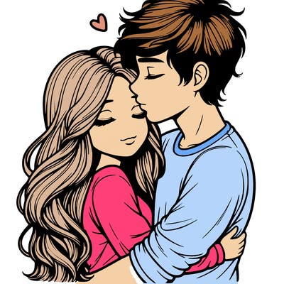 a realistic couple boy and girl hugging and kissing