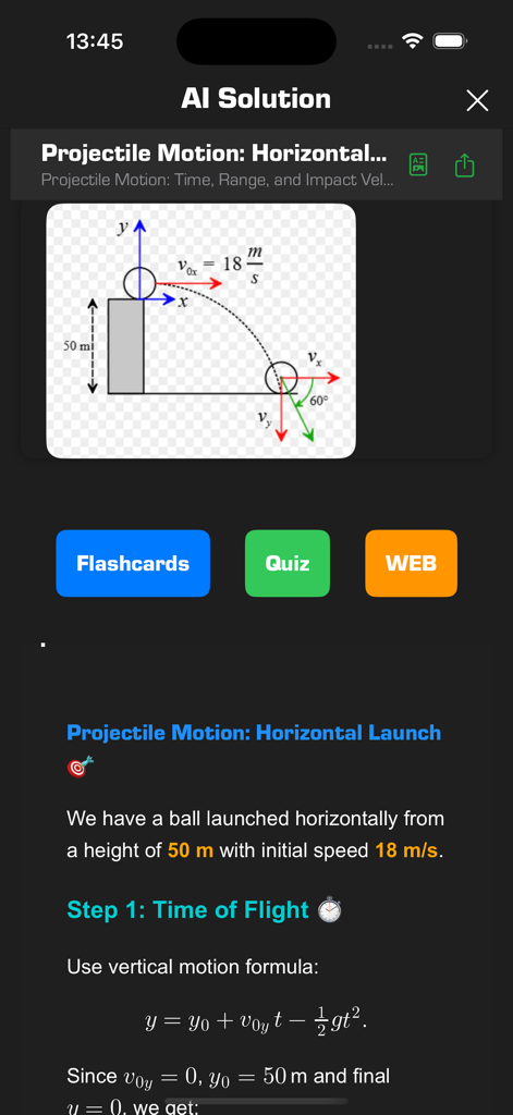 Homework Solver : QuickNotes - Una solución IA paso a paso de física para un problema de movimiento de proyectiles en la aplicación Homework Solver.