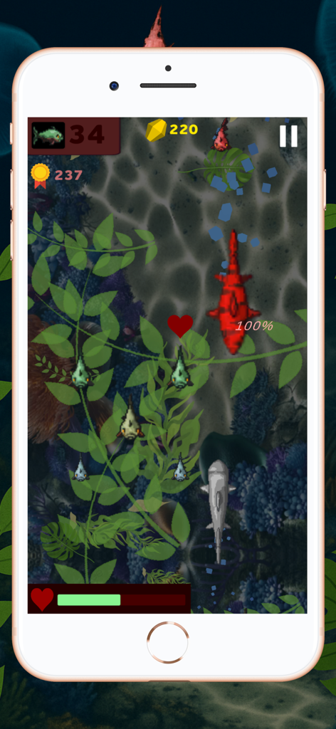 Gameplay screenshot of Shark World mobile game showing sharks fighting underwater