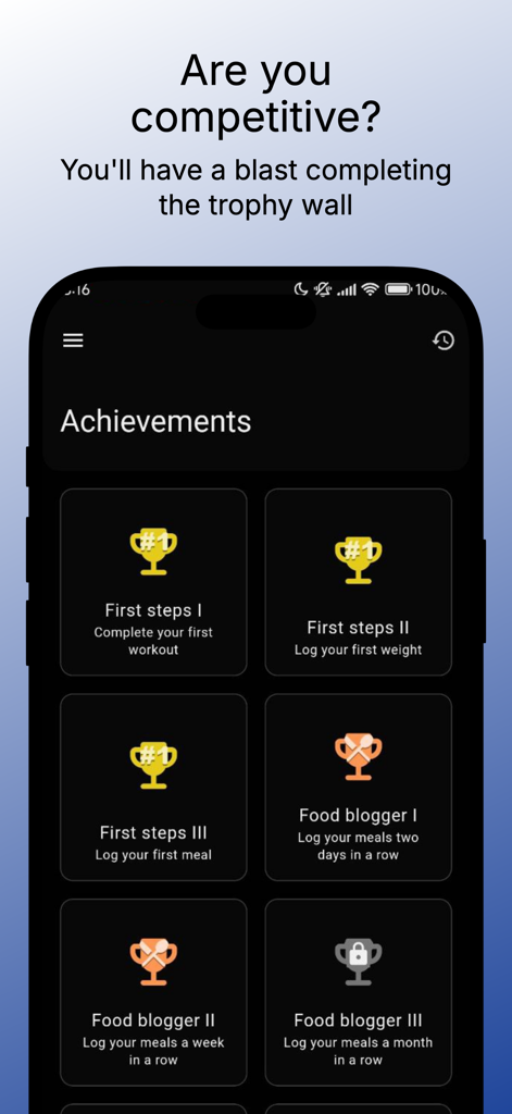 Gym Bro - Your Workout Buddy - フィットネスと栄養のトロフィーを表示するGym Broアプリのアチーブメントスクリーン