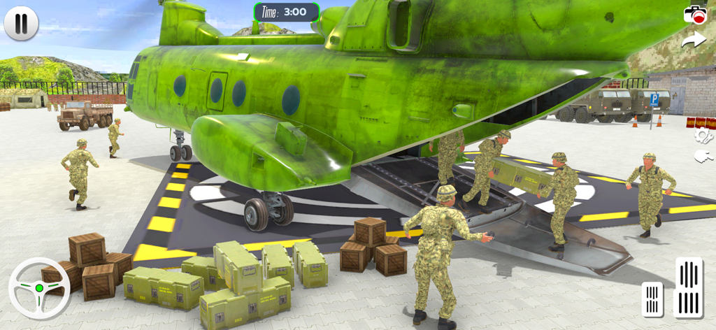 Military soldiers loading cargo crates into a large green transport helicopter on a helipad