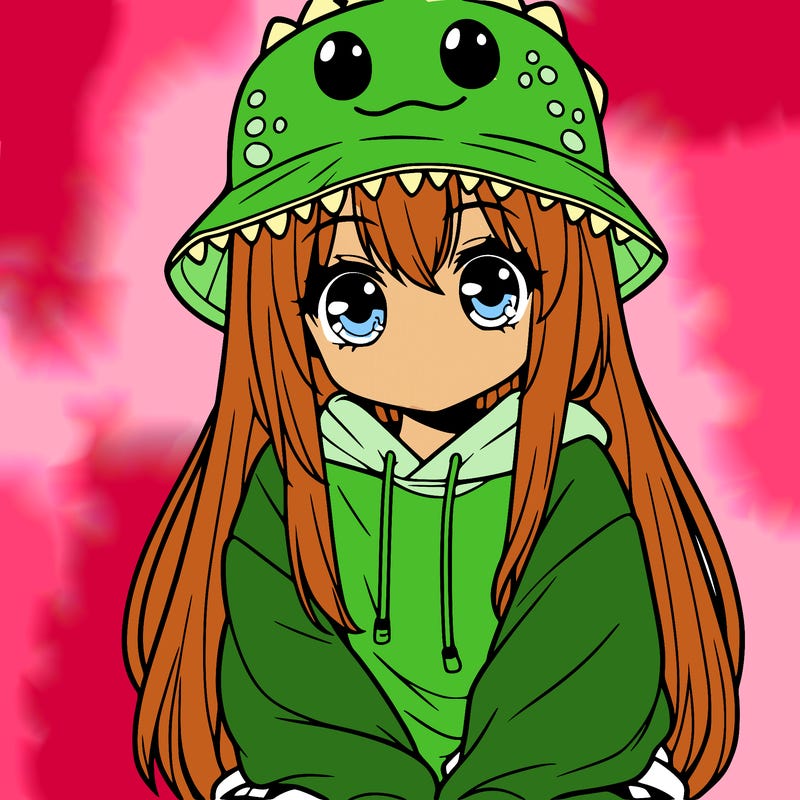 girl with anime shaped eyes with a dinosaur bucket hat oversized sweatshirt long straight hair