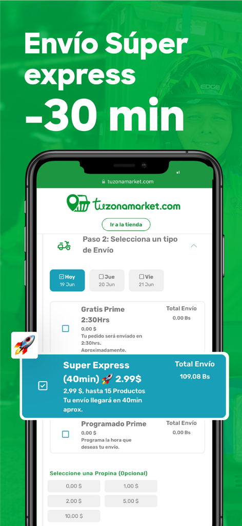 Tu Zona Market - Tu Zona Market app interface showing super express delivery options and shipping selection screen