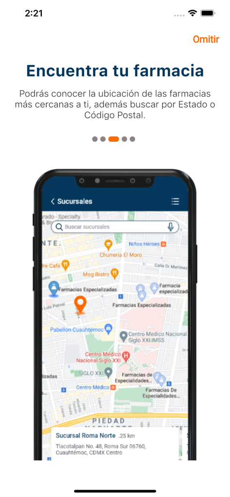 Farmacias Especializadas - Función de localizador de farmacias en la aplicación Farmacias Especializadas que muestra un mapa con ubicaciones de sucursales cercanas
