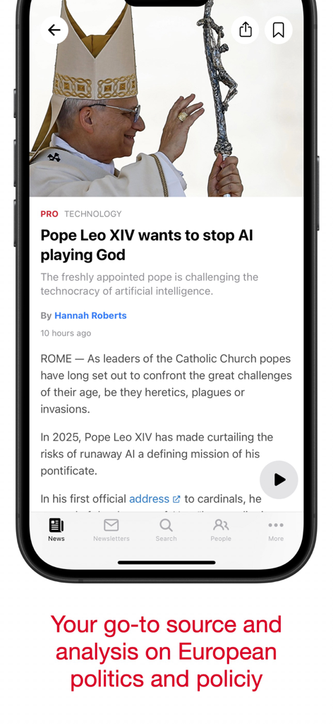 POLITICO Europe Edition - Politico Europe App zeigt einen Technologie-Nachrichtenartikel über Papst Leo XIV. und KI-Risiken.