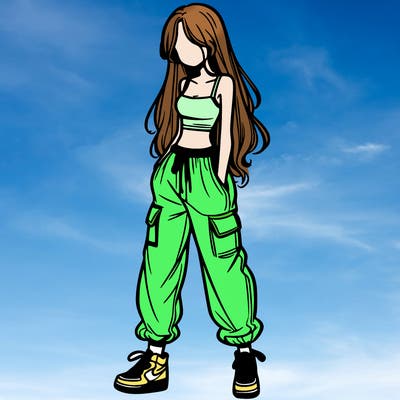 girl in baggy pants crop top and long hair
