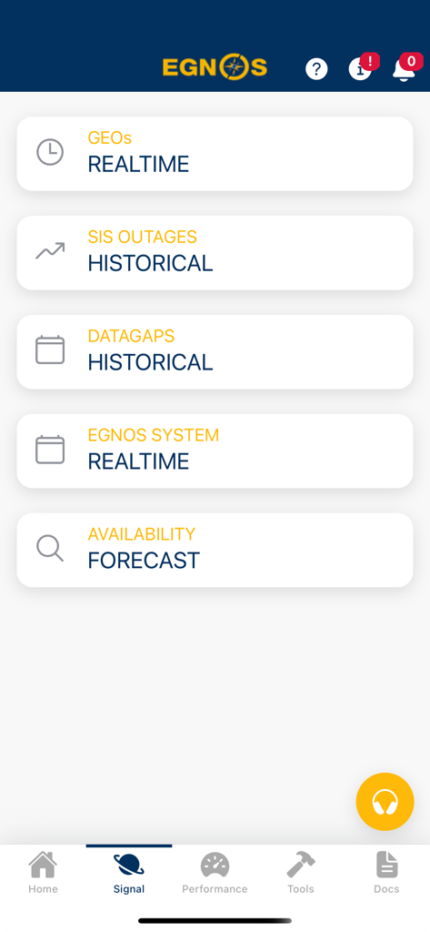 EGNOS - Interfaz de la aplicación EGNOS que muestra opciones de monitorización de señal, incluyendo datos en tiempo real y previsiones de disponibilidad