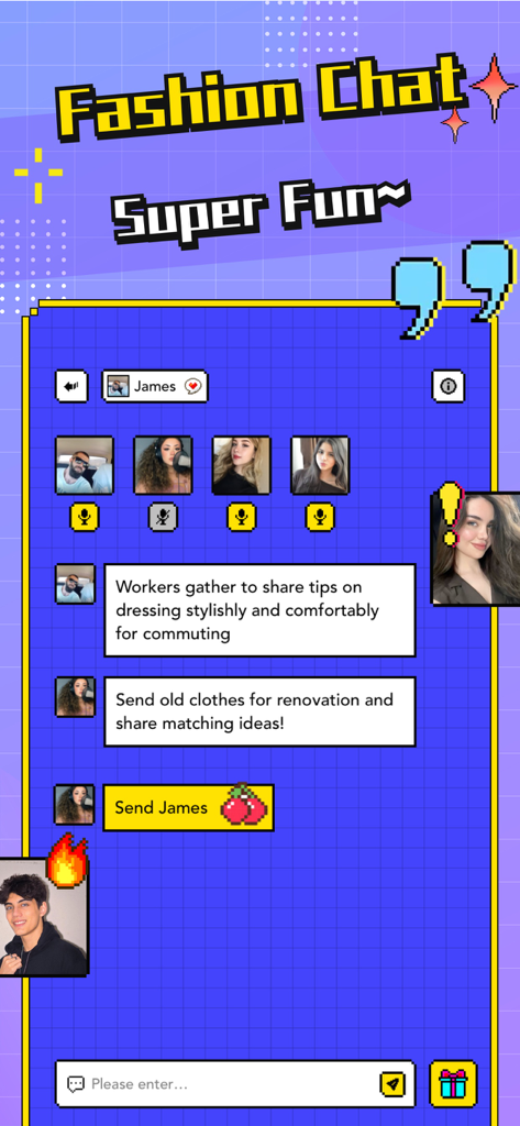 Taogge-Chat,Meet Stranger - A pixel art styled fashion chat interface in the Taogge app featuring user avatars and styling tips